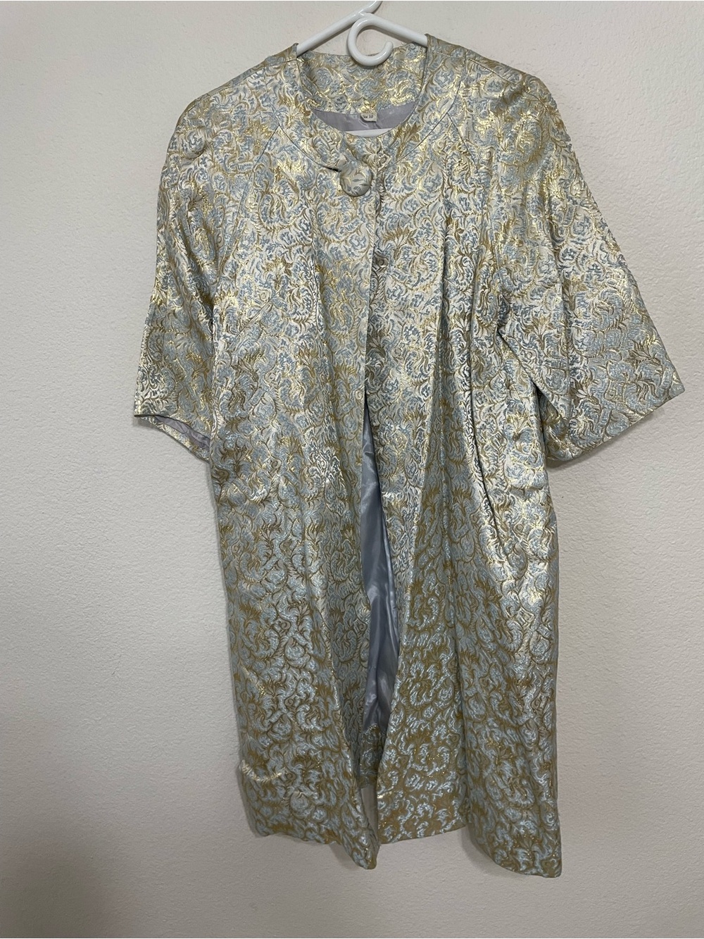 Metallic Gold and Pale Blue Brocade Coat with Fabric-Covered Button Size 10